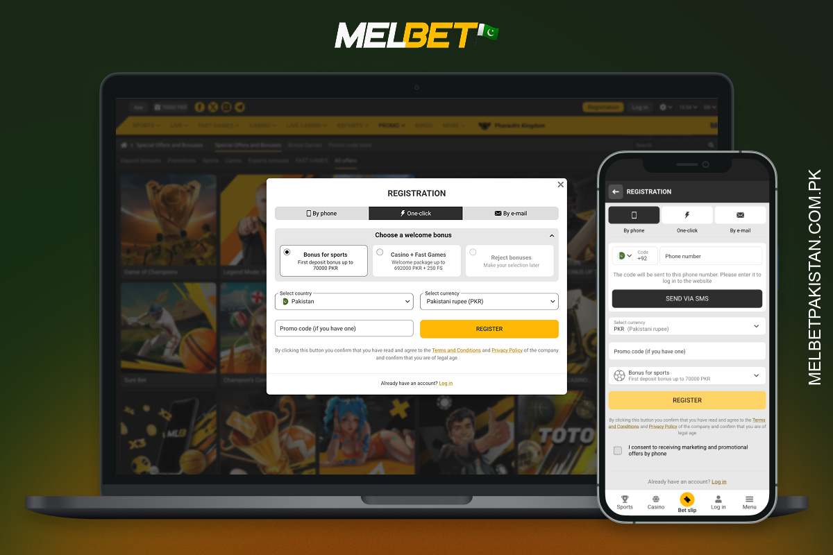 پاکستان سے Melbet صارفین کی سہولت کے لیے، پلیٹ فارم نیا اکاؤنٹ رجسٹر کرنے کے اختیارات پیش کرتا ہے۔
