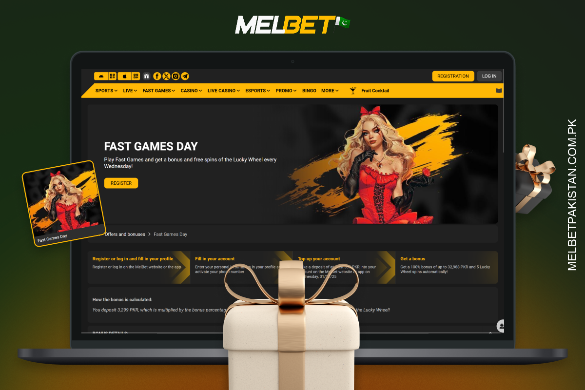 فاسٹ گیمز ڈے Melbet کی ایک پروموشن ہے جہاں ہر بدھ کو کھلاڑی 100% ڈپازٹ بونس اور فاسٹ گیمز میں مفت اسپنز حاصل کر سکتے ہیں۔