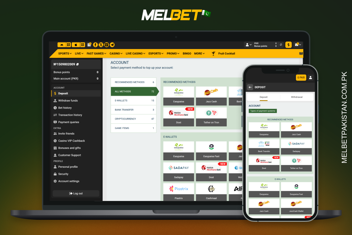 پاکستان میں Melbet صارفین کو رقم جمع کرنے اور نکالنے کے لیے آسان اور تیز طریقے فراہم کرتا ہے۔