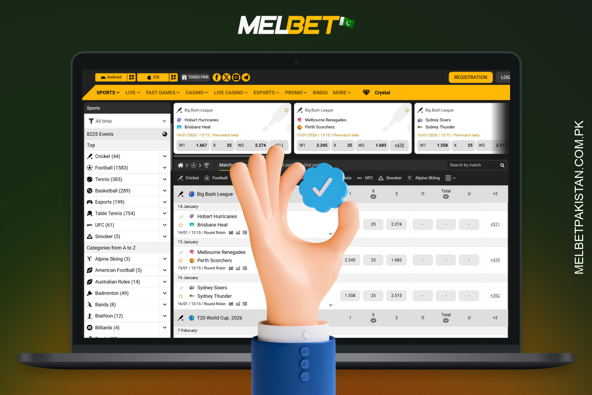 Melbet اعلیٰ آڈز، پاکستان کے لیے مقامی سازی، بونسز، تیز ادائیگیاں، کھیلوں اور کیسینو کا وسیع انتخاب، موبائل ایپ، اور وی آئی پی مراعات پیش کرتا ہے۔