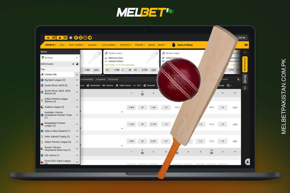 Melbet پاکستان میں کرکٹ پر 200 سے زائد بیٹنگ مارکیٹس پیش کرتا ہے، جن میں متحرک آڈز، ایکسپریس بیٹس اور حقیقی وقت کی تجزیات شامل ہیں۔