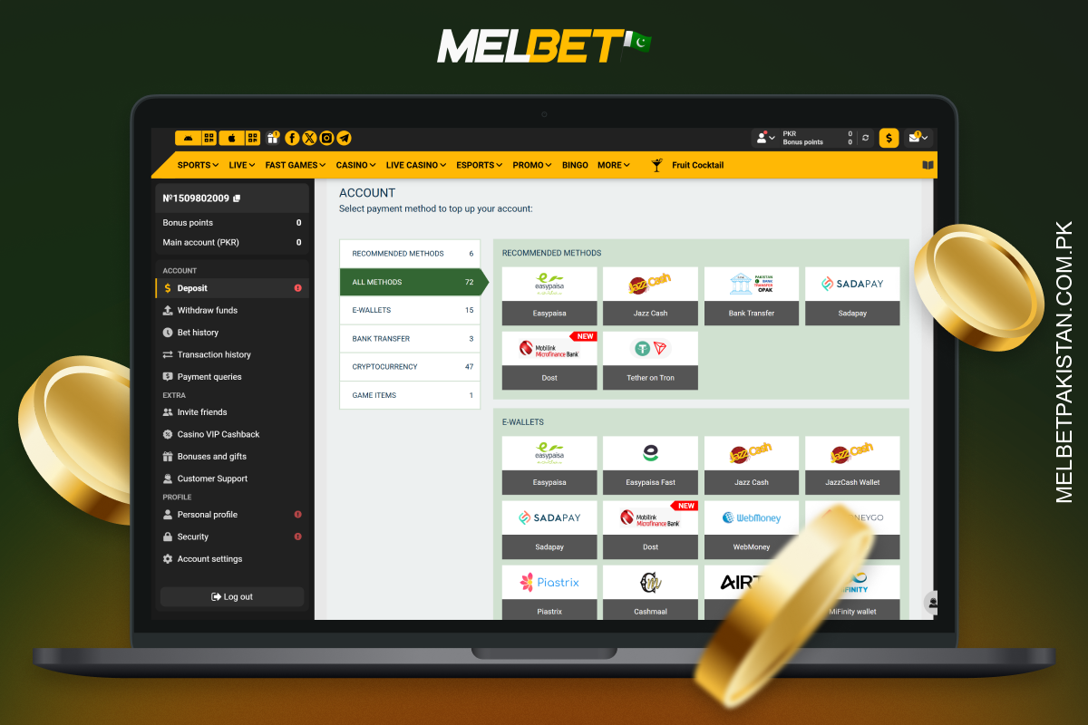 Melbet پاکستان مقامی اور بین الاقوامی طریقوں کے ذریعے تیز، محفوظ اور آسان جمع اور رقم کی واپسی کی سہولت فراہم کرتا ہے۔