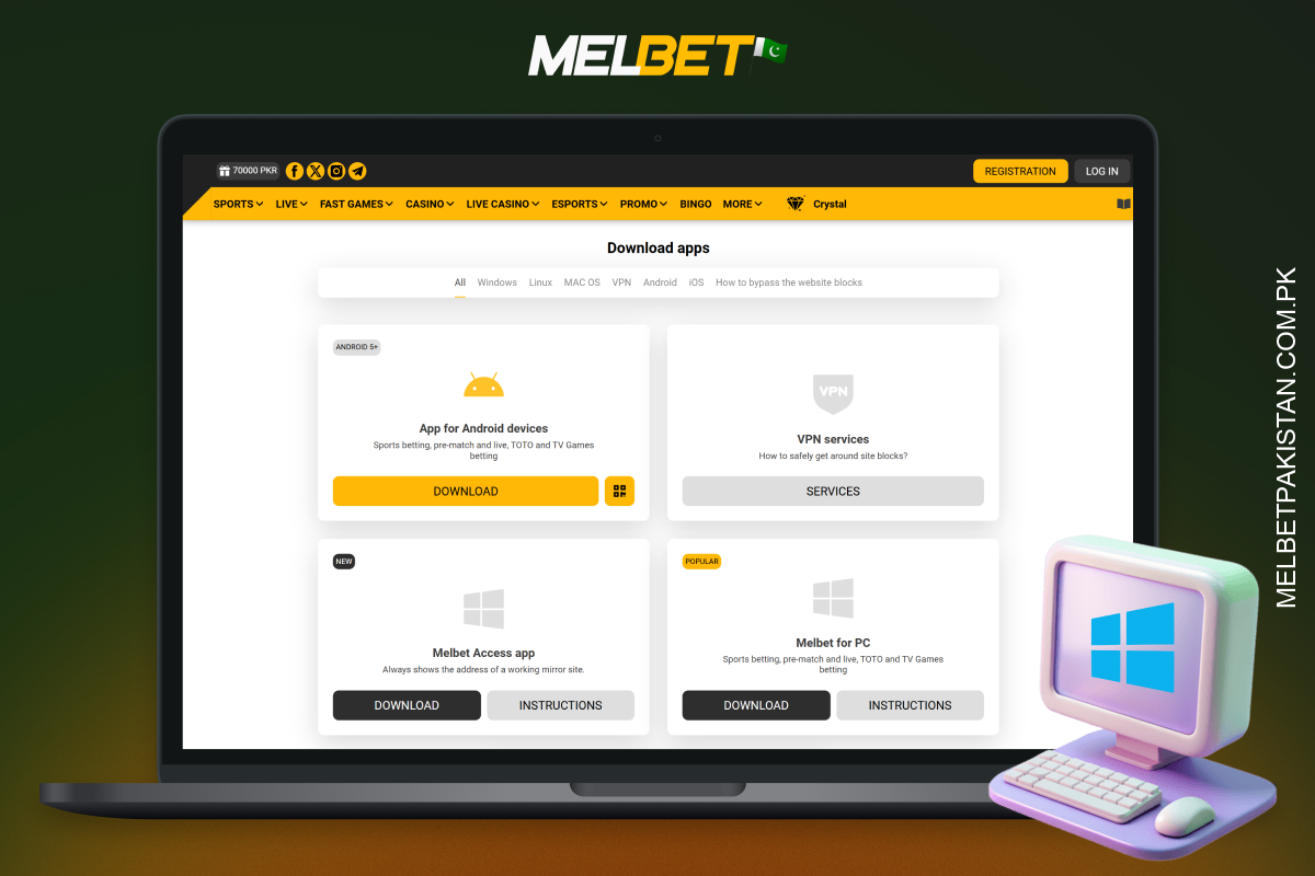 Melbet for PC براہِ راست آپ کے براؤزر میں کام کرتا ہے بغیر ڈاؤن لوڈ کے، جو شرط لگانے تک آسان رسائی فراہم کرتا ہے۔