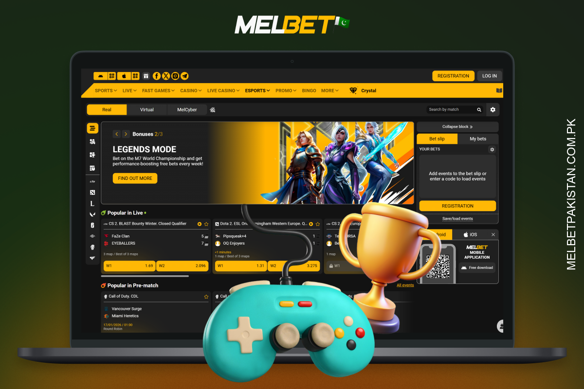 Melbet پاکستان پر، ای-سپورٹس آپ کو CS:GO، Dota 2 اور دیگر کھیلوں پر میچ سے پہلے اور لائیو شرطیں لگانے کی اجازت دیتا ہے۔