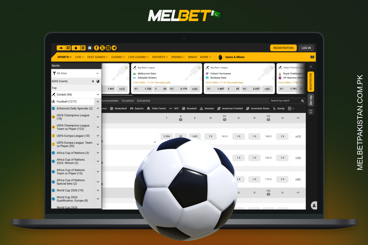 Melbet پر فٹ بال بیٹنگ میں بین الاقوامی لیگیں، متنوع مارکیٹس، لائیو اسٹریمنگ اور ایکسپریس بیٹس شامل ہیں۔