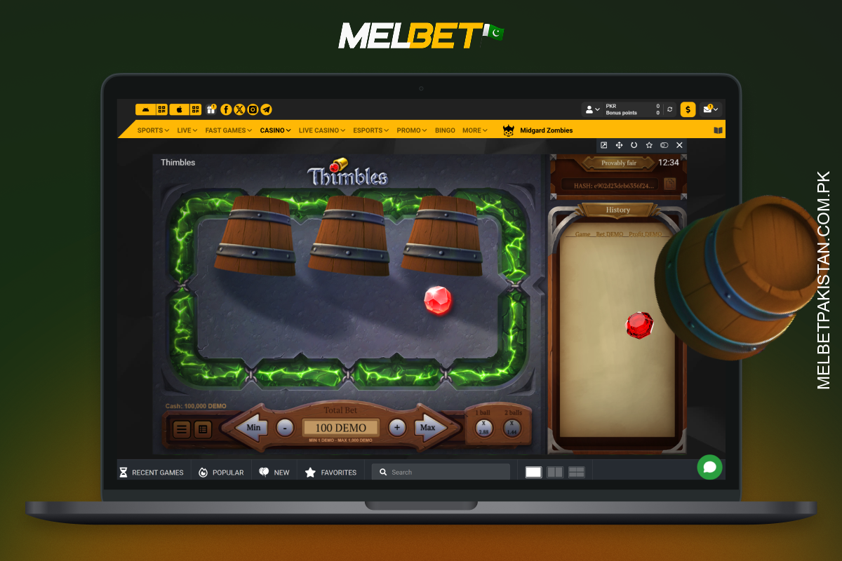 Melbet میں Thimbles کا ڈیمو پاکستانی کھلاڑیوں کو گیم کی مشق اور سیکھنے کے لیے ورچوئل فنڈز کے ساتھ مفت کھیلنے کی اجازت دیتا ہے۔