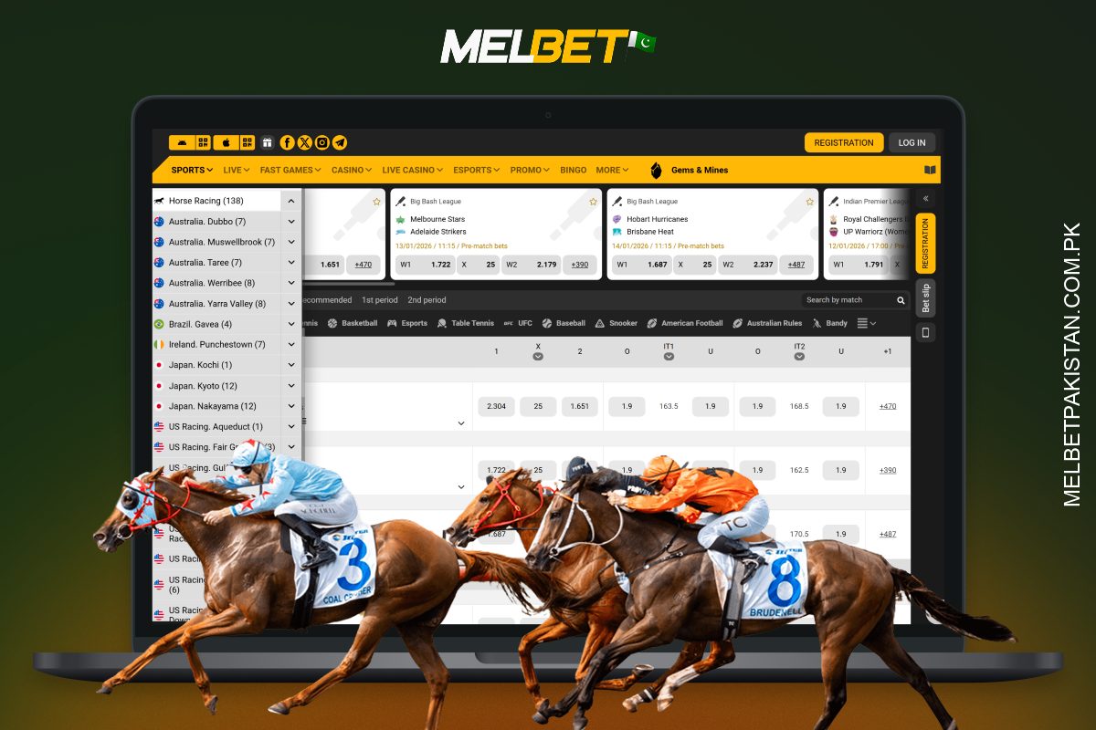 Melbet Pakistan میں، ہارس ریسنگ کے بیٹس میں حقیقی اور ورچوئل اینالیٹکس کے ساتھ فاتح، پلیس بیٹس، ٹرائیفیکٹاس اور فیوچر شامل ہیں۔