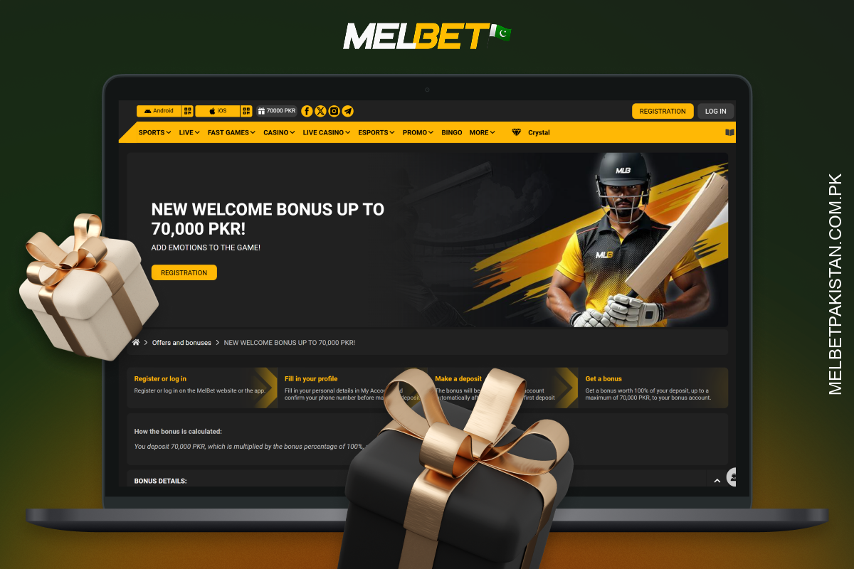 Melbet Pakistan ویلکم بونس آپ کے پہلے ڈپازٹ کو آسان شرط کے تقاضوں کے ساتھ دوگنا کر دیتا ہے۔