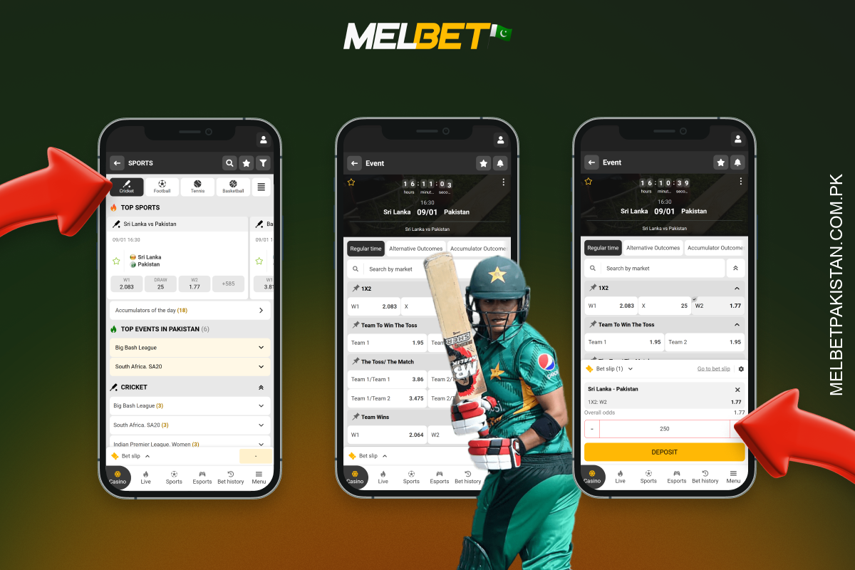 Melbet Pakistan پر کرکٹ پر شرط لگانے کے لیے، کھلاڑیوں کو صرف ایک میچ کا انتخاب کرنا ہوگا، اپنی پیشن گوئی اور حصص کی رقم مقرر کرنی ہوگی، اور اپنی شرط کی تصدیق کرنی ہوگی۔