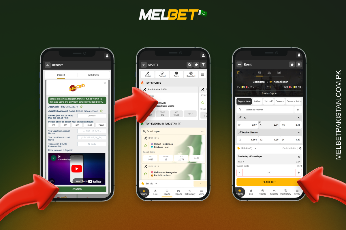 Melbet پاکستان پر پہلی شرط لگانے کے لیے کھلاڑیوں کو اپنے اکاؤنٹ میں لاگ ان کرنا ہوگا، رقم جمع کروانی ہوگی، کوئی ایونٹ اور مارکیٹ منتخب کرنا ہوگا، رقم داخل کرنا ہوگی اور شرط کی تصدیق کرنا ہوگی۔