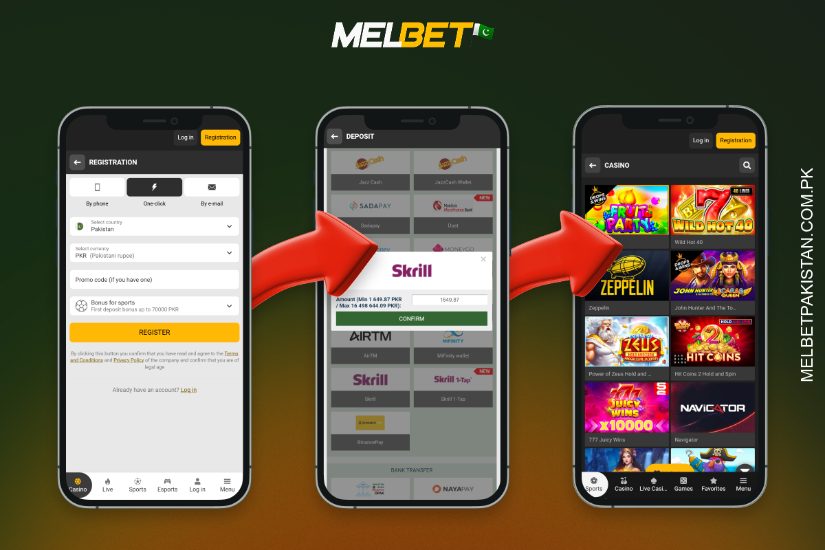 Melbet کیسینو میں کھیلنا شروع کرنے کے لیے پاکستان کے کھلاڑیوں کو رجسٹر کرنا، اپنی تفصیلات کی تصدیق کرنا، رقم جمع کروانی اور اپنا پسندیدہ کھیل منتخب کرنا ہوگا۔