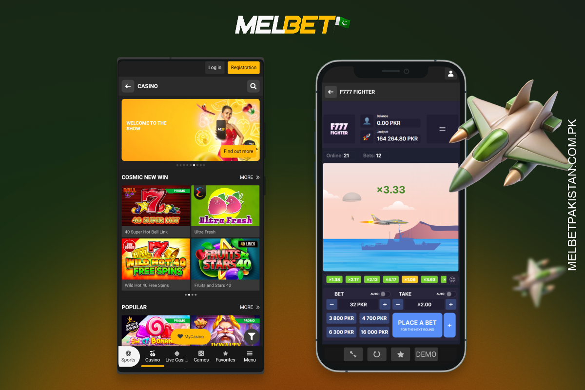 Melbet کیسینو پاکستان میں مشہور کریش سمیلیٹر F777 Fighter کھیلنا شروع کرنے کے لیے، رجسٹر کریں، رقم جمع کریں، کیسینو سیکشن میں گیم تلاش کریں اور موڈ کو منتخب کرکے اور شرط لگا کر اسے لانچ کریں۔