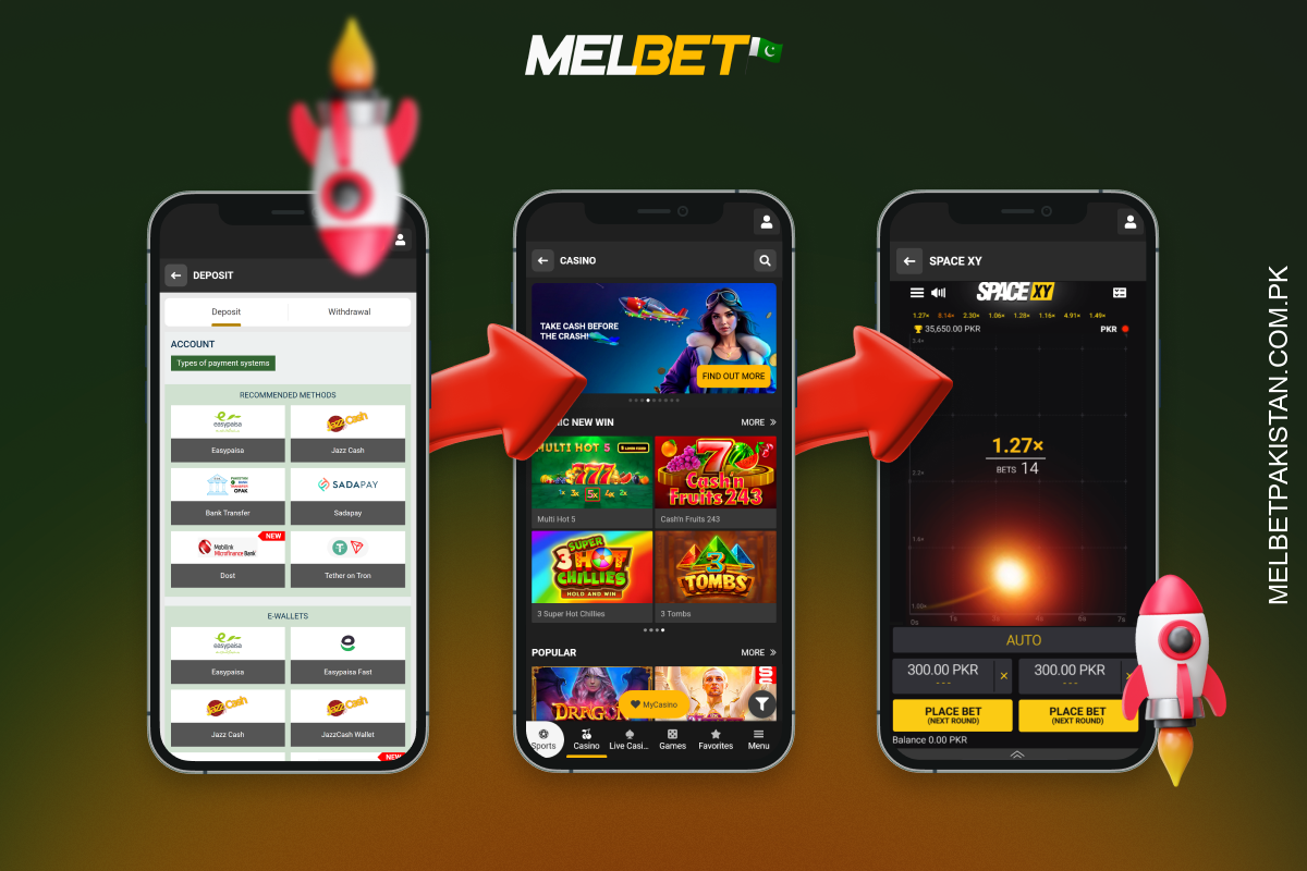 پاکستان میں Melbet پر Space XY کھیلنا شروع کرنے کے لیے، کیسینو میں رجسٹر ہوں، جمع کروائیں، کریش گیمز میں سے گیم تلاش کریں اور شرط لگائیں۔