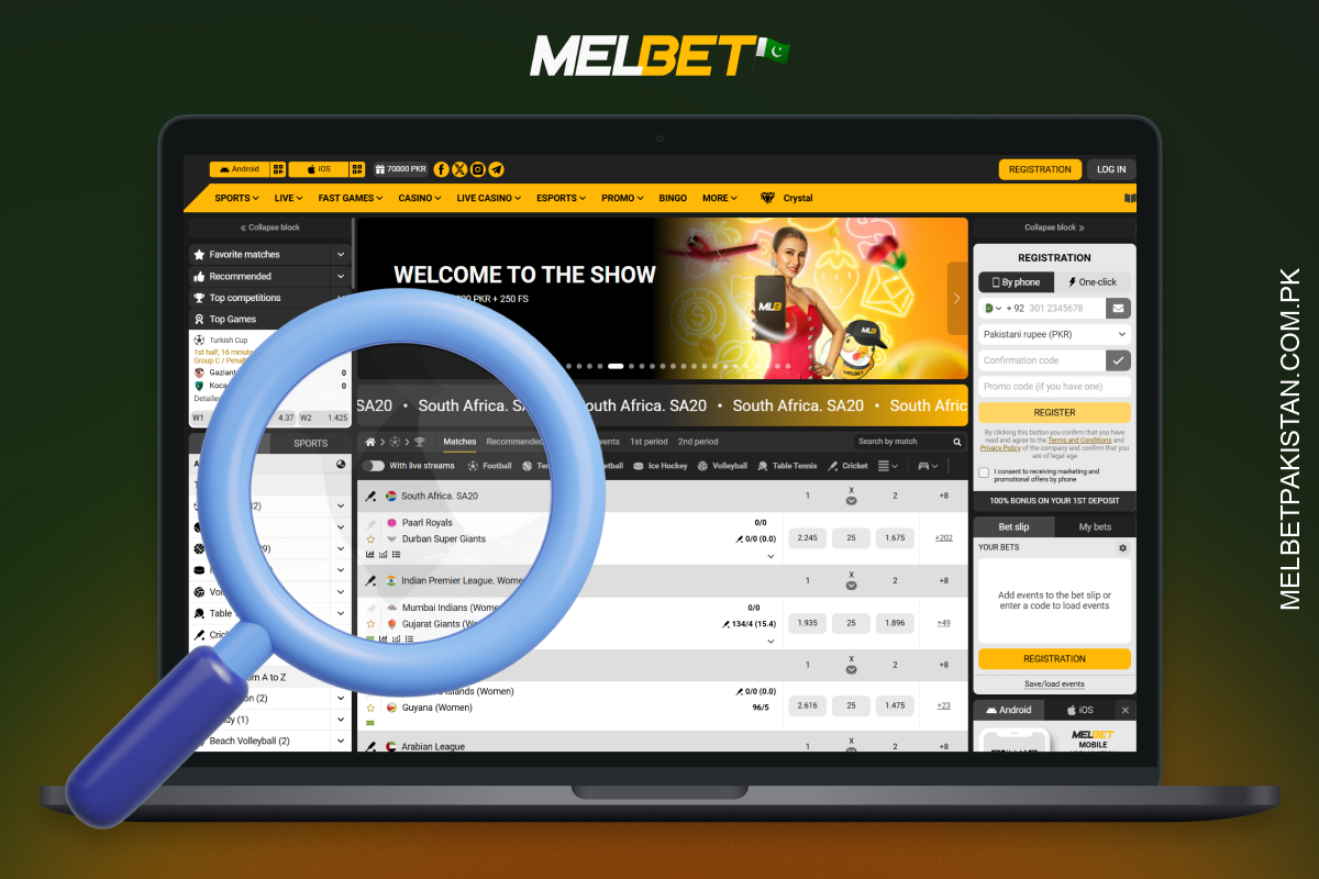 Melbet ویب سائٹ ایک بدیہی، کثیر لسانی اور جوابی انٹرفیس فراہم کرتی ہے جس میں آسان نیویگیشن، سیکشنز تک فوری رسائی اور مؤثر تلاش کے اوزار شامل ہیں۔