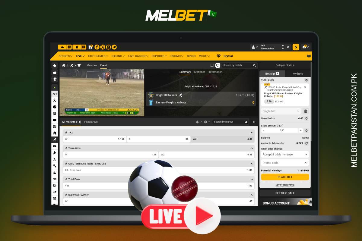 Melbet پر لائیو بیٹنگ ہر سیکنڈ آڈز کو اپ ڈیٹ کرتی ہے، جس سے آپ میچز کے دوران اپنی حکمت عملی تبدیل کر سکتے ہیں اور ایک ہی وقت میں متعدد کھیلوں پر نظر رکھ سکتے ہیں۔