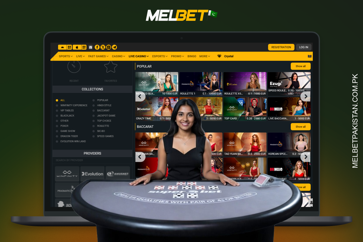 Melbet لائیو ڈیلرز لائیو ڈیلرز، وی آئی پی ٹیبلز اور ملٹی یوزر گیمز کے ساتھ بلیک جیک، بیکریٹ اور رولیٹ کی ایچ ڈی نشریات پیش کرتا ہے۔