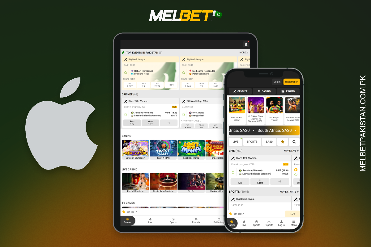 پاکستان میں iOS کے لیے Melbet ایپ آئی فون اور آئی پیڈ کے صارفین کو آسانی سے کھیلوں میں شرط لگانے اور کیسینو گیمز کھیلنے کی اجازت دیتی ہے۔
