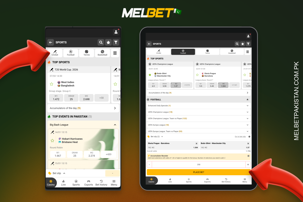 Melbet ایپ میں، کھلاڑی صرف ایک کھیل، میچ اور مارکیٹ کا انتخاب کرتے ہیں، حصص کی رقم درج کرتے ہیں اور اپنی شرط لگانے کی تصدیق کرتے ہیں۔