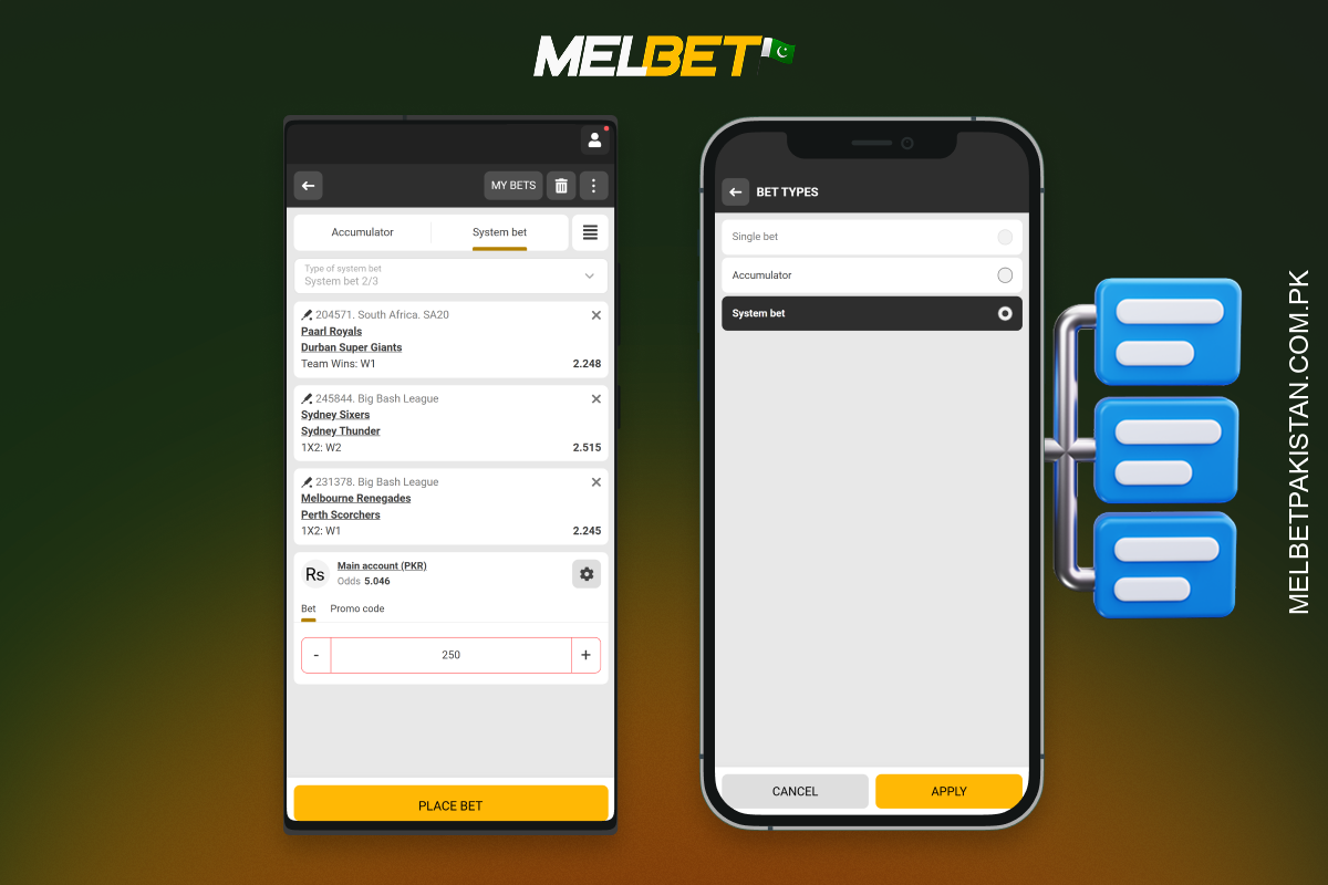 پاکستان میں Melbet ایپ مختلف خطرے کی سطحوں اور حکمت عملیوں کے لیے سنگل، ایکسپریس، سسٹم اور لائیو بیٹس پیش کرتی ہے۔