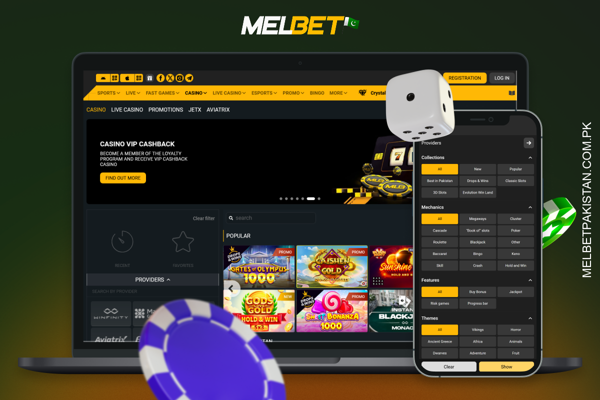 Melbet کیسینو پاکستان کے کھلاڑیوں کے لیے کسی بھی ڈیوائس پر محفوظ گیمنگ کے ساتھ پروگریسو جیک پاٹس اور لائیو ڈیلرز کے حامل 7,000 سے زائد گیمز پیش کرتا ہے۔