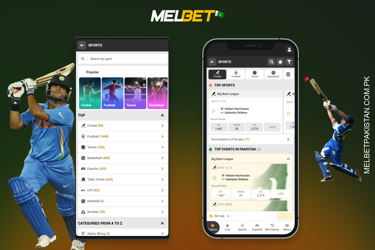 اینڈرائیڈ اور آئی او ایس موبائل ڈیوائسز کے لیے Melbet کرکٹ ایپ پاکستان میں کھلاڑیوں کو تمام خصوصیات کے ساتھ کرکٹ پر شرط لگانے کی اجازت دیتی ہے۔