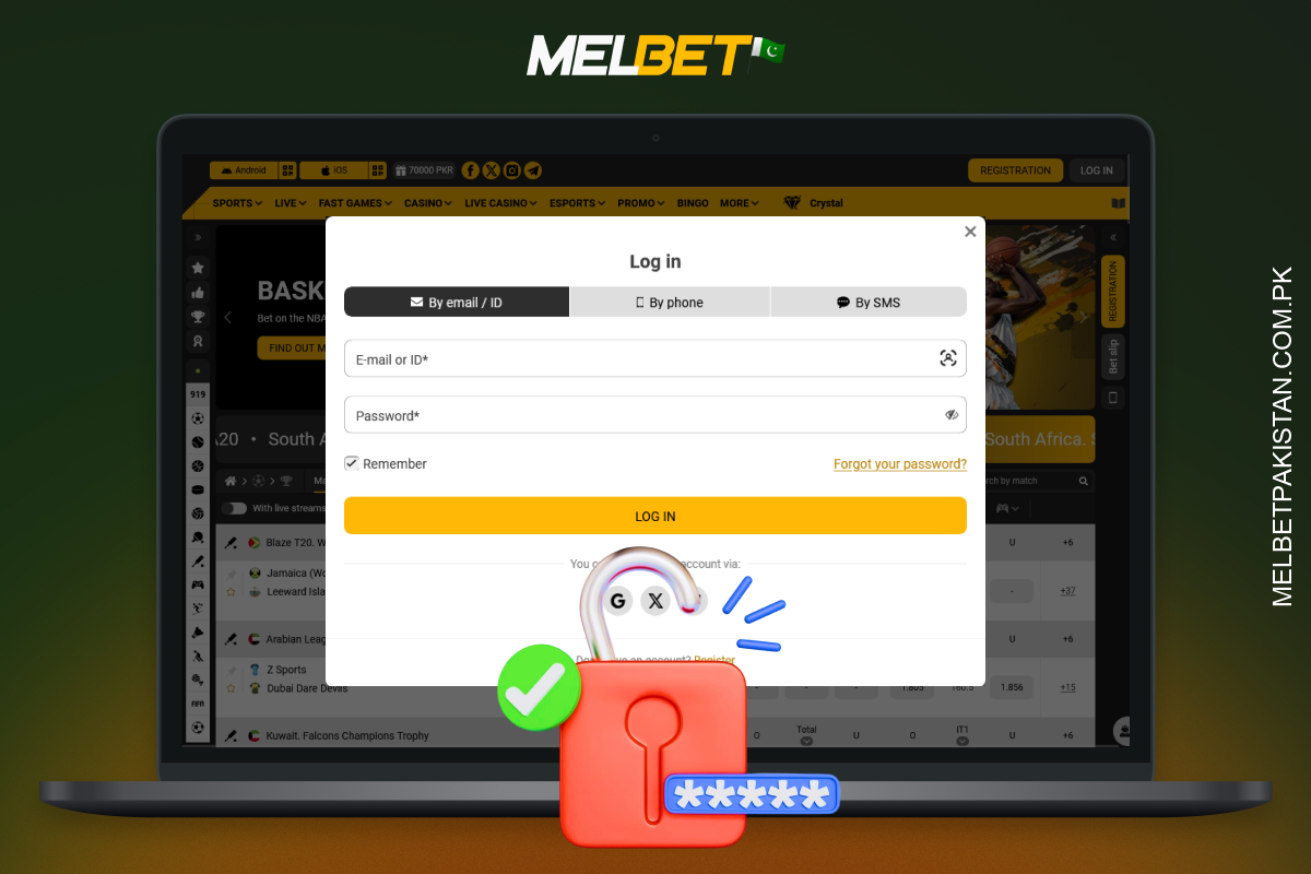 Melbet Pakistan میں فون، ای میل یا سوشل میڈیا کے ذریعے لاگ ان کرنا تیز اور محفوظ ہے۔