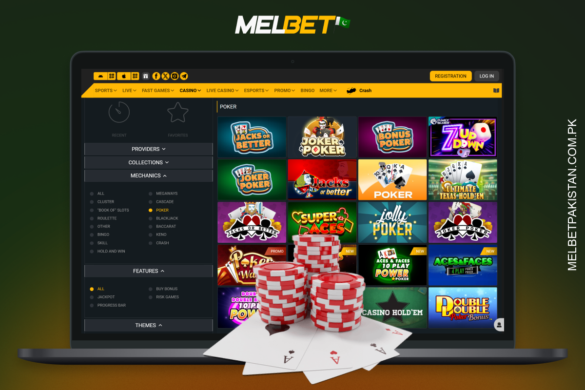 Melbet کیسینو پاکستان کے کھلاڑیوں کو پوکر کھیلنے اور جیک پاٹ جیتنے کا موقع فراہم کرتا ہے۔
