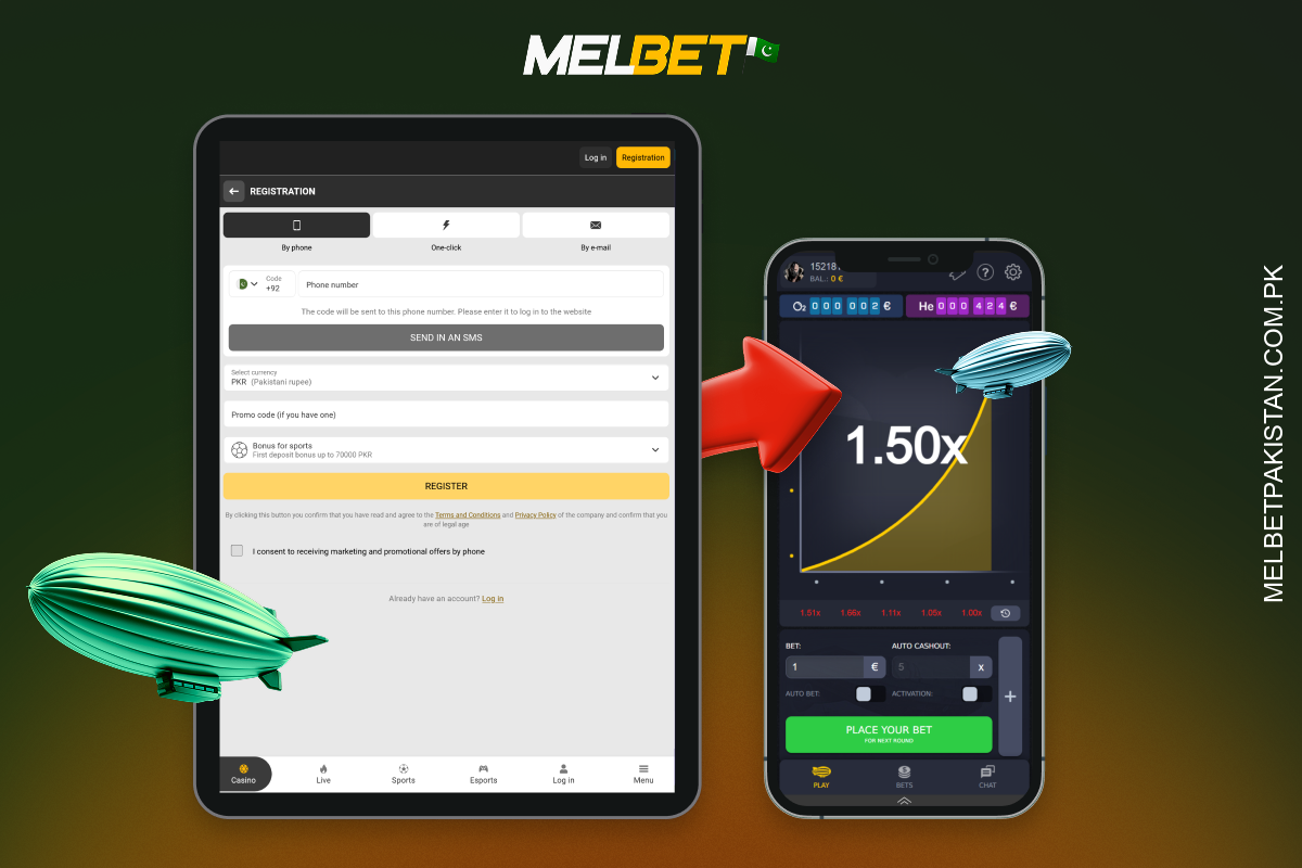 Melbet پر Zeppelin کریش گیم کھیلنا شروع کرنے کے لیے پاکستانیوں کو رجسٹر کرنا چاہیے، رقم جمع کرانا چاہیے، کیسینو سیکشن میں گیم ڈھونڈنا چاہیے، قوانین سیکھیں اور شرط لگائیں۔