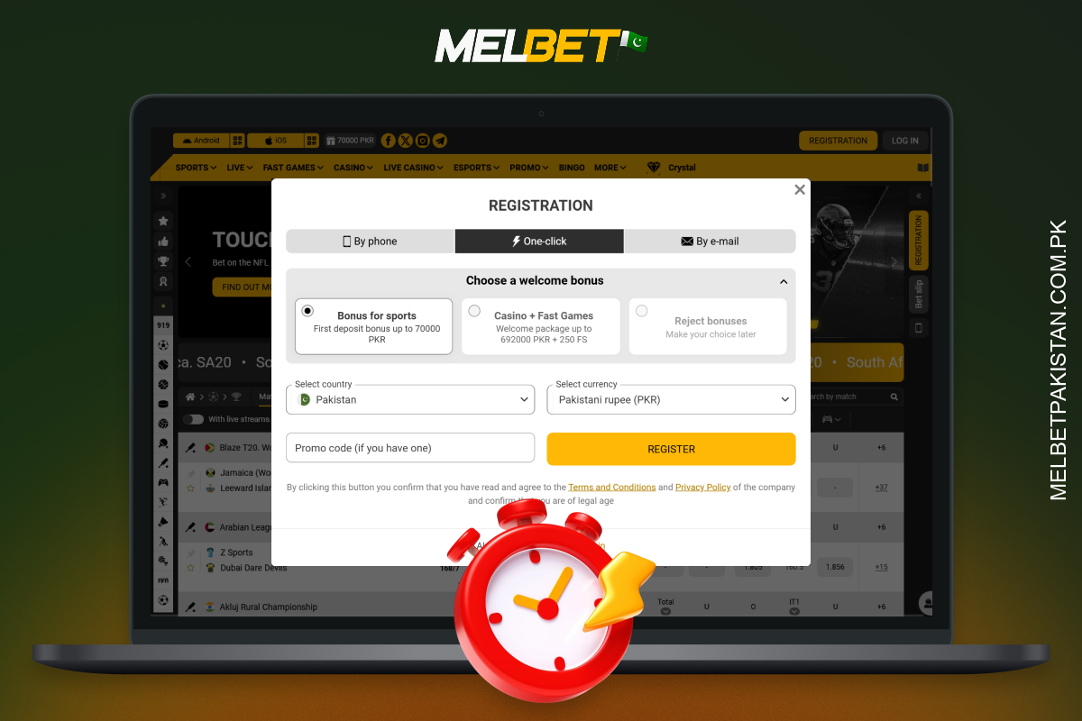 Melbet پاکستان پر فوری ایک کلک کی رجسٹریشن آپ کو فوری طور پر ایک اکاؤنٹ بنانے اور فوراً شرط لگانا شروع کرنے کی اجازت دیتی ہے۔