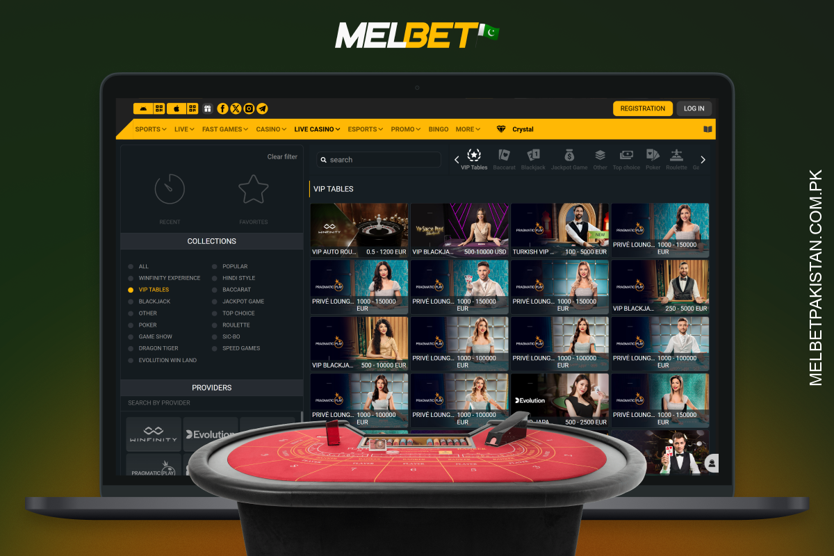 Melbet پاکستان میں میز کے کھیل، جن میں بلیک جیک، پوکر اور بیکریٹ شامل ہیں، نیز پروگریسو جیک پاٹس اور ٹورنامنٹس