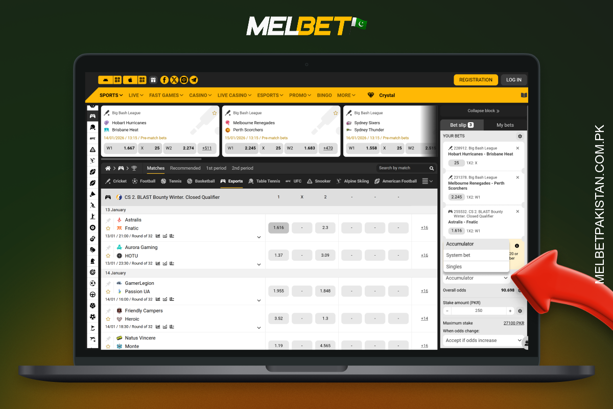 Melbet پاکستان سنگل، ایکسپریس، سسٹم، لائیو، ٹورنامنٹ ونر اور ایشیائی ہینڈی کیپ بیٹس پیش کرتا ہے۔