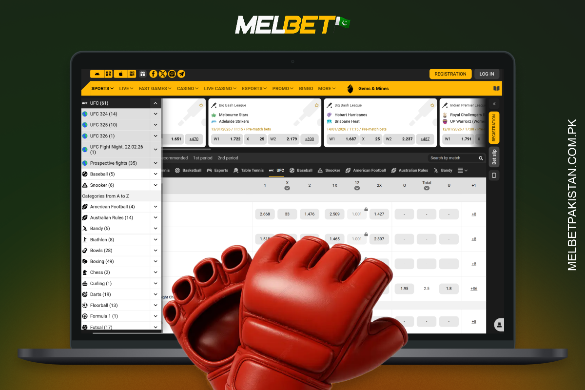 Melbet پر UFC بیٹنگ میں میچ کے نتائج، راؤنڈز اور فتح کے طریقے شامل ہیں۔